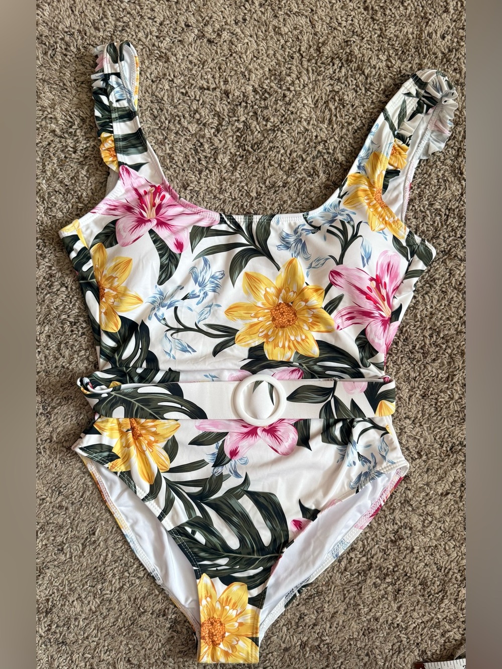 Beach Joy Bikini Floral Belted One-Piece Swimsuit - Yellow & Pink Flowers
